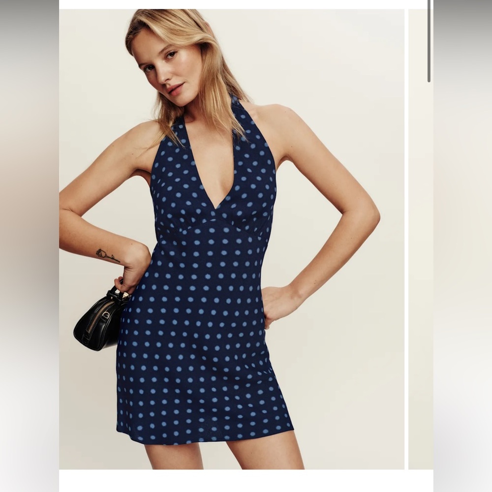 REFORMATION blue polka dot delanie dress